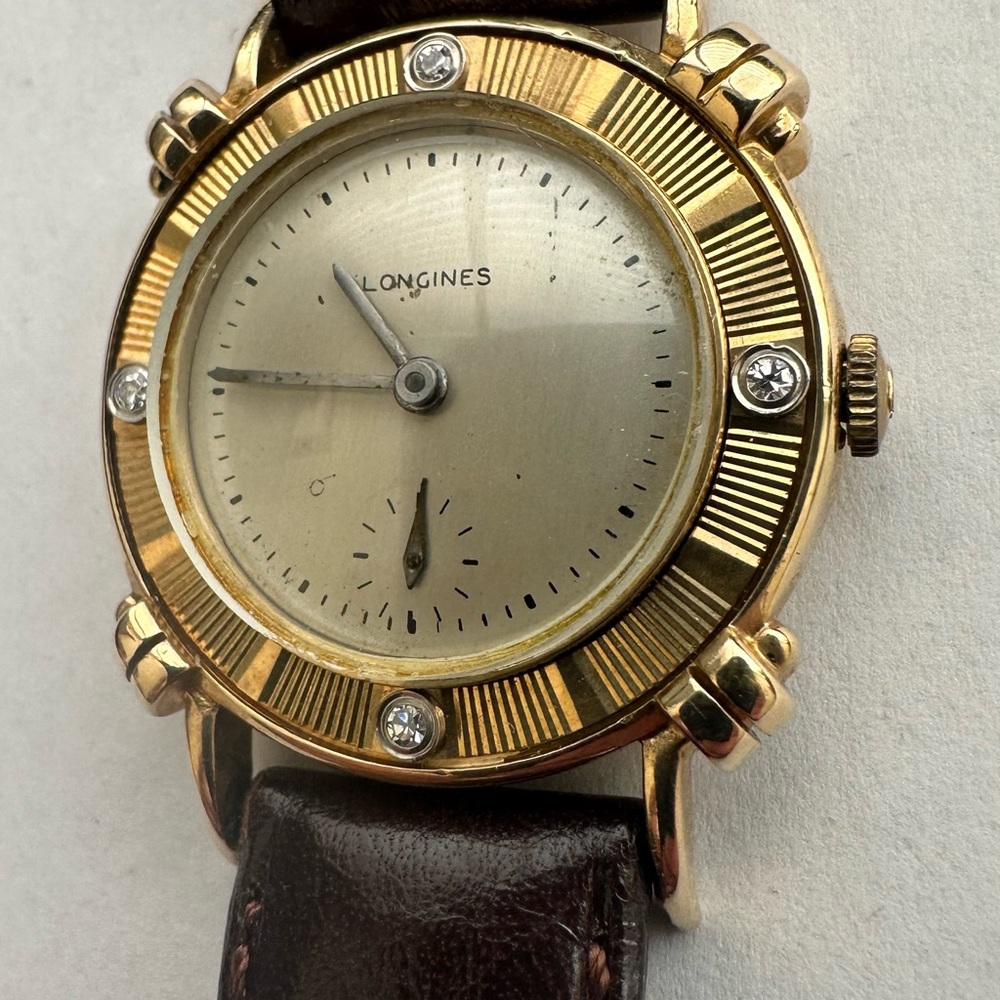 Vintage Longines Watch Circa 1950 14ct Gold with Real Diamond Stud Bezel